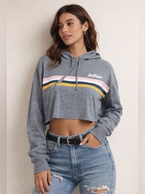 Hollister Cropped Hoodie striped Graphic Lightweight Pullover Women’s XS